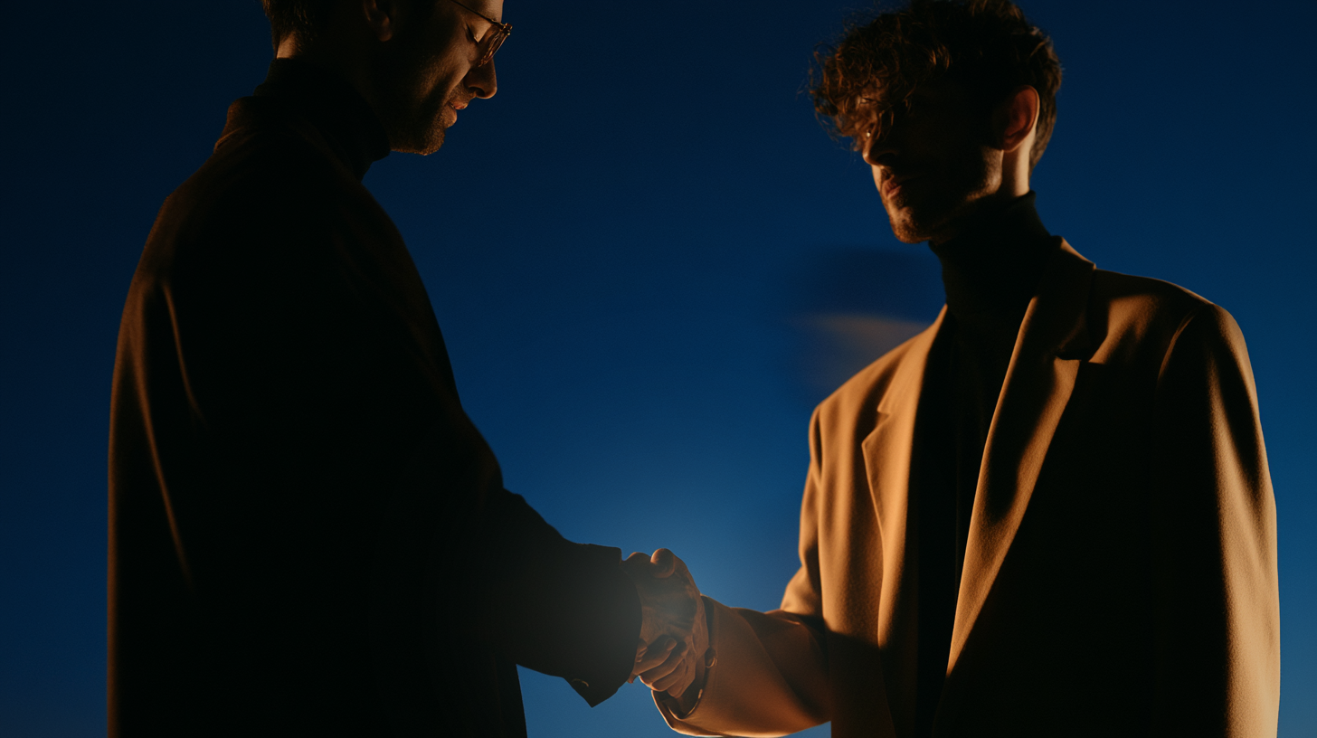 Two consultants shaking hands at the close of a mandate