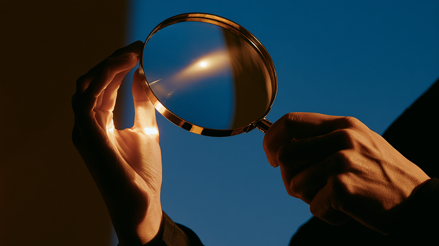 A hand holding a magnifying glass with light coming through it