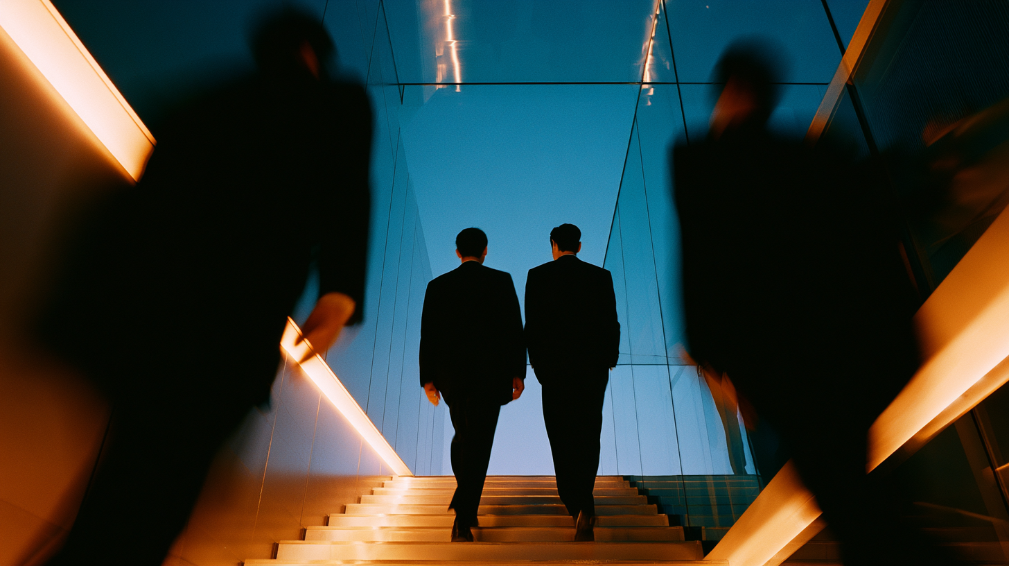 Low-angle wide shot of four businesspeople walking together