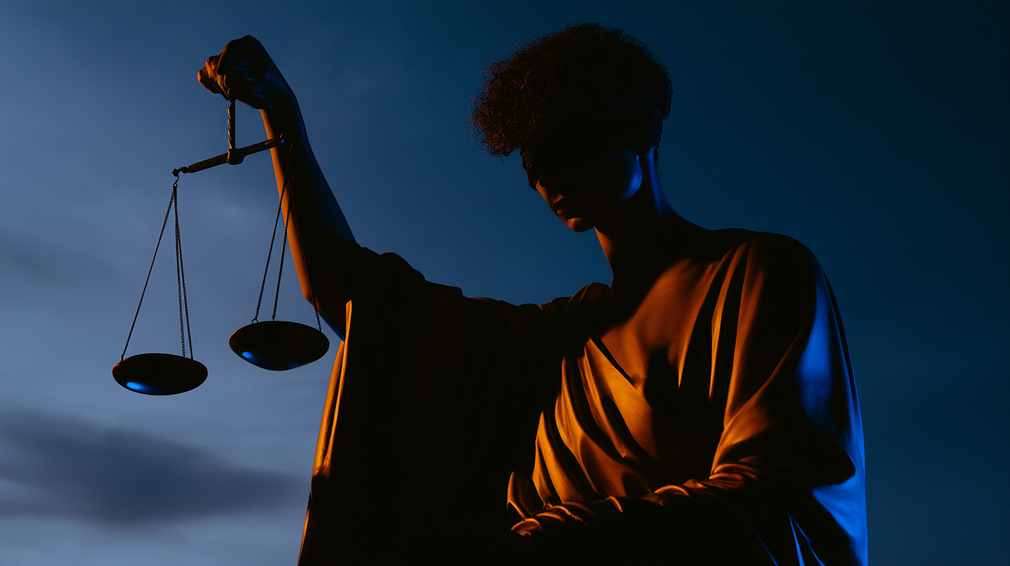 Figure holding the scales of justice against a dusk sky