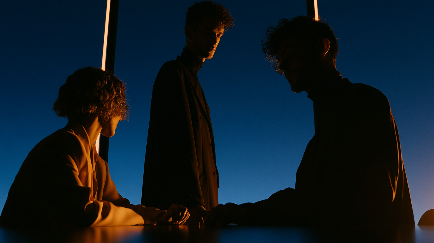 Three consultants in low light, mid-discussion around a table